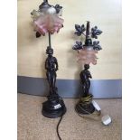 TWO FIGURAL TABLE LAMPS WITH FLOWER SHAPED GLASS SHADES, THE LARGEST 69CM