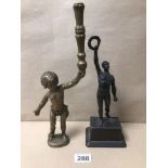 TWO BRONZE AND BRASS FIGURINES, THE LARGEST 32CM