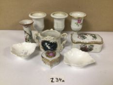 NINE MIXED MINIATURE PORCELAIN ITEMS, MOST OF WHICH ARE LABELLED TO BASES, INCLUDING LIMOGES,