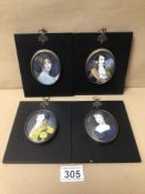 FOUR HANDPAINTED MINIATURES ON AN EBONISED BACKGROUND