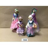 FOUR A/F ROYAL DOULTON FIGURINES. ‘GRETE’ HN1485, ‘ANNETTE’ HN1472, ‘PANTALETTES’ HN1412 AND ‘THE