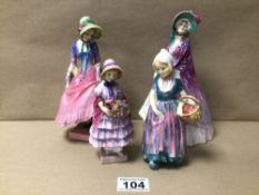 FOUR A/F ROYAL DOULTON FIGURINES. ‘GRETE’ HN1485, ‘ANNETTE’ HN1472, ‘PANTALETTES’ HN1412 AND ‘THE