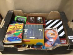 BOX OF PLAY WORN DIE CAST CARS AND VEHICLES, INCLUDES CORGI, DINKY, MATCHBOX, AND MORE WITH CORGI