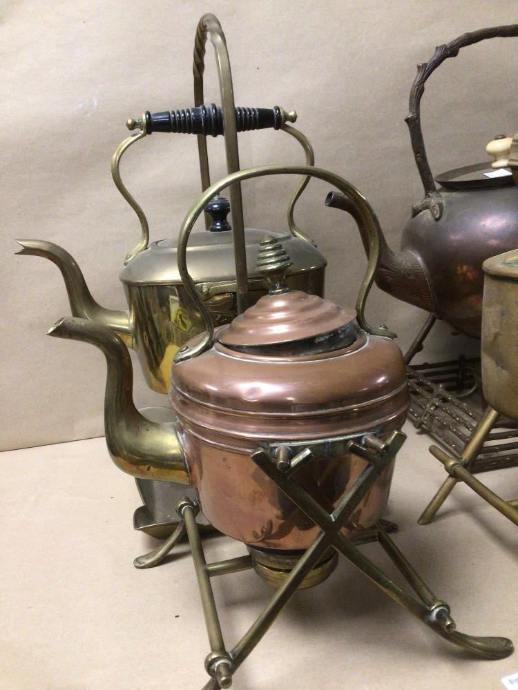 FOUR VICTORIAN COPPER AND BRASS SPIRIT KETTLES ON STANDS - Image 3 of 5