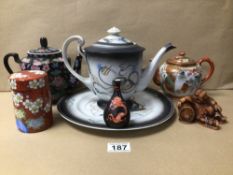 A MIXED COLLECTION OF PORCELAIN/CERAMICS INCLUDES SOME CHINESE AND JAPANESE TEAPOTS, A LIDDED JAR,