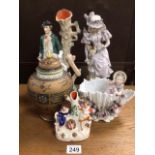 FOUR PIECES OF CONTINENTAL PORCELAIN FIGURINES, SOME A/F, TOGETHER WITH A LIDDED NORITAKE GINGER JAR