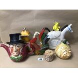 THREE VINTAGE NOVELTY CERAMIC TEAPOTS, TWO BEING TONY WOOD, WITH THREE OTHERS
