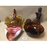 COLLECTION OF ART GLASSWARE ITEMS INCLUDES AMBER GLASS FIGURINES AND BOWLS, PINK GLASS CENTREPIECES,