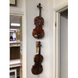 TWO VINTAGE VIOLINS, ONE MARKED LE MARQUIS DELAIR DOISEAUX BOTH A/F