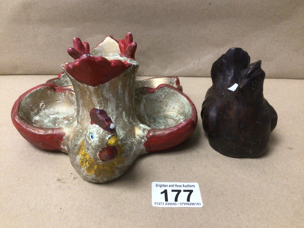 VINTAGE CERAMIC CHICKEN EGG SERVING DISH/HOLDER, TOGETHER WITH A CARVED CHICKEN FIGURINE