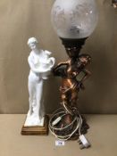 A LARGE HALF-NUDE FEMALE FIGURINE WITH A LARGE BRONZED FIGURAL TABLE LAMP A/F, LARGEST BEING 58CM IN