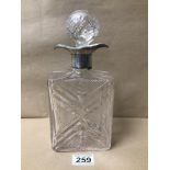 A HALLMARKED SILVER MOUNTED CUT GLASS RECTANGULAR DECANTER WITH DOUBLE LIP, 26CM BY ALEXANDER