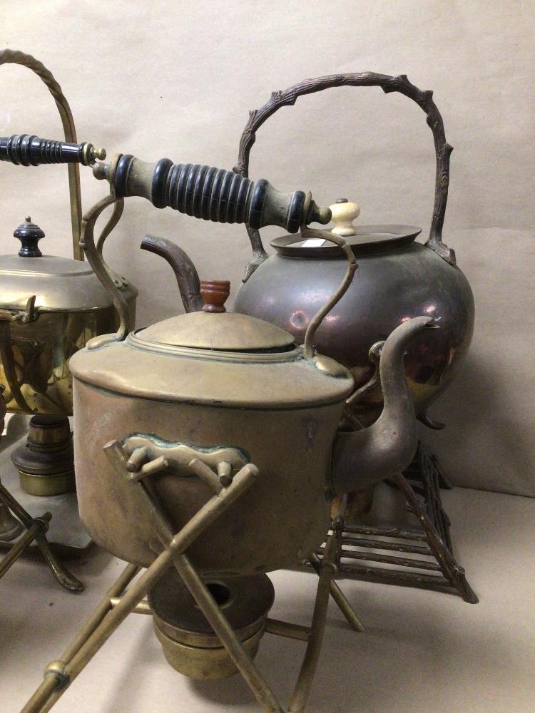 FOUR VICTORIAN COPPER AND BRASS SPIRIT KETTLES ON STANDS - Image 2 of 5