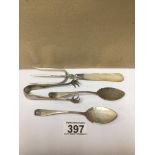 FOUR HALLMARKED SILVER ITEMS, INCLUDES SUGAR TONGS INCLUDES BARKER BROTHERS CHESTER