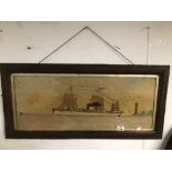 WOODEN FRAMED TAPESTRY OF A SAILING SHIP, 84 X 40CM