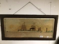 WOODEN FRAMED TAPESTRY OF A SAILING SHIP, 84 X 40CM