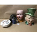 FIVE MIXED PIECES OF POTTERY, INCLUDES LARGE BESWICK TOBY JUG, WEDGEWOOD LIDDED BOWL (‘KUTANI CRANE’