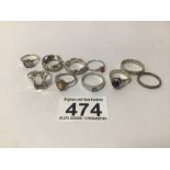 NINE SILVER 925 RINGS WITH ONE WHITE METAL RING