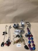 MIXED COSTUME JEWELLERY WITH TWO METAL ANIMAL FIGURES AS DRINKING GLASSES