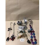 MIXED COSTUME JEWELLERY WITH TWO METAL ANIMAL FIGURES AS DRINKING GLASSES