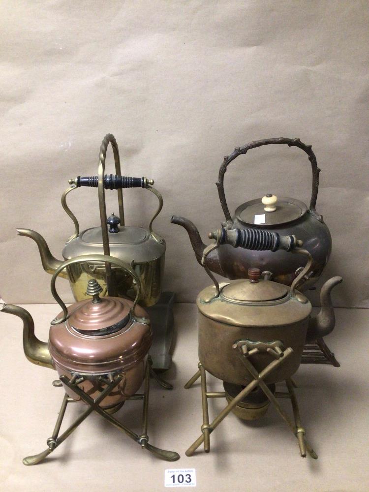 FOUR VICTORIAN COPPER AND BRASS SPIRIT KETTLES ON STANDS