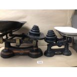 THREE SEPARATE SETS OF VINTAGE CAST IRON KITCHEN SCALES, TWO WITH WEIGHTS AND ONE A/F, ‘C.W.S LTD
