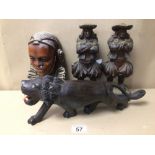 FIVED MIXED WOODEN SCULPTURES/FIGURES INCLUDING A LION, A PAIR OF TRIBAL BUSTS, AND TWO MORE