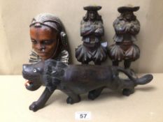 FIVED MIXED WOODEN SCULPTURES/FIGURES INCLUDING A LION, A PAIR OF TRIBAL BUSTS, AND TWO MORE