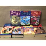 HARRY POTTER COMPLETE SET OF SEVEN HARDBACK AND PAPERBACK BLOOMSBURY BOOKS, TWO OF WHICH BEING FIRST