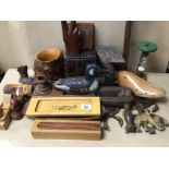 BOX OF MIXED VINTAGE TREEN, SOME A/F, INCLUDES WOODEN RATCHET, PAPIER-MÂCHÉ DECOY DUCK AND MORE