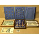 COLLECTION OF VINTAGE BRITISH COINS AND NOTES, SOME BEING FRAMED AND GLAZED