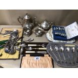 COLLECTION OF SILVER-PLATED AND WHITE METAL MIXED TEA/COFFEE SERVICE AND CASED FLATWARE