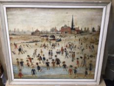L.S. LOWRY (1946), SIGNED AND DATED FRAMED PRINT ‘AT THE SEASIDE’, 60CM X 51CM