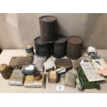BOX OF MILITARY FIRST AID ITEMS AND WARTIME RATIONS