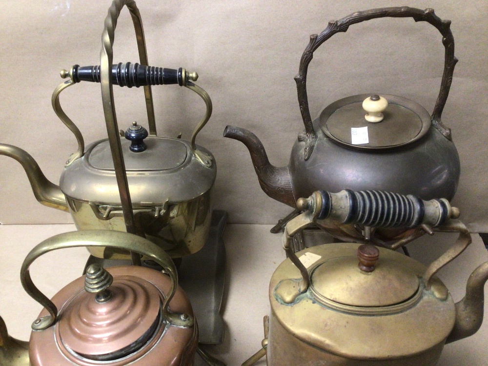 FOUR VICTORIAN COPPER AND BRASS SPIRIT KETTLES ON STANDS - Image 4 of 5