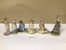 SIX WEDGWOOD MINIATURE PORCELAIN FIGURINES, ONE IS A/F, LARGEST BEING 13CM IN HEIGHT