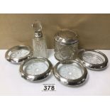 HALLMARKED SILVER TOP GLASS JAR, HALLMARKED SILVER SCENT BOTTLE WITH A SET OF FOUR STERLING SILVER