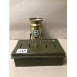 TWO VINTAGE METAL ITEMS, TRENCH ART VASE WITH A NORTHAMPTONSHIRE REGIMENT BADGE AND A MONEY TIN