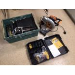 CRATE OF MODERN HEAVY-DUTY TOOLS, INCLUDES DEWALT DRILL, STANLEY RIVETER, AND MORE