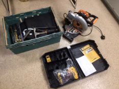 CRATE OF MODERN HEAVY-DUTY TOOLS, INCLUDES DEWALT DRILL, STANLEY RIVETER, AND MORE