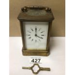 BRASS FOUR GLASS CARRIAGE CLOCK WITH KEY, 12CM