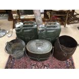 THREE MILITARY (C.1980) JERRY CANS WITH THREE METAL POTS/BUCKETS