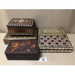 FIVE DECORATIVE PARQUETRY AND MARQUETRY INLAID WOODEN STATIONERY BOXES