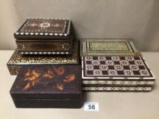 FIVE DECORATIVE PARQUETRY AND MARQUETRY INLAID WOODEN STATIONERY BOXES