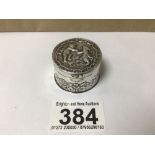 CONTINENTAL 930 SILVER EMBOSSED CIRCULAR BOX ENGLISH IMPORT MARKS 3.5CM, 40 GRAMS