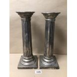 LARGE PAIR OF SILVER-PLATED/WHITE METAL COLUMN CANDLE HOLDERS, BEING 35CM IN HEIGHT