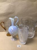 FOUR GLASSWARE ITEMS, INCLUDING A LARGE CUT GLASS ICE BUCKET, LARGEST BEING 21CM X 25CM