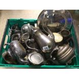 A LARGE COLLECTION OF SILVER-PLATED AND WHITE METAL WARE INCLUDES PLATES, CUPS/GOBLETS TEAPOTS,