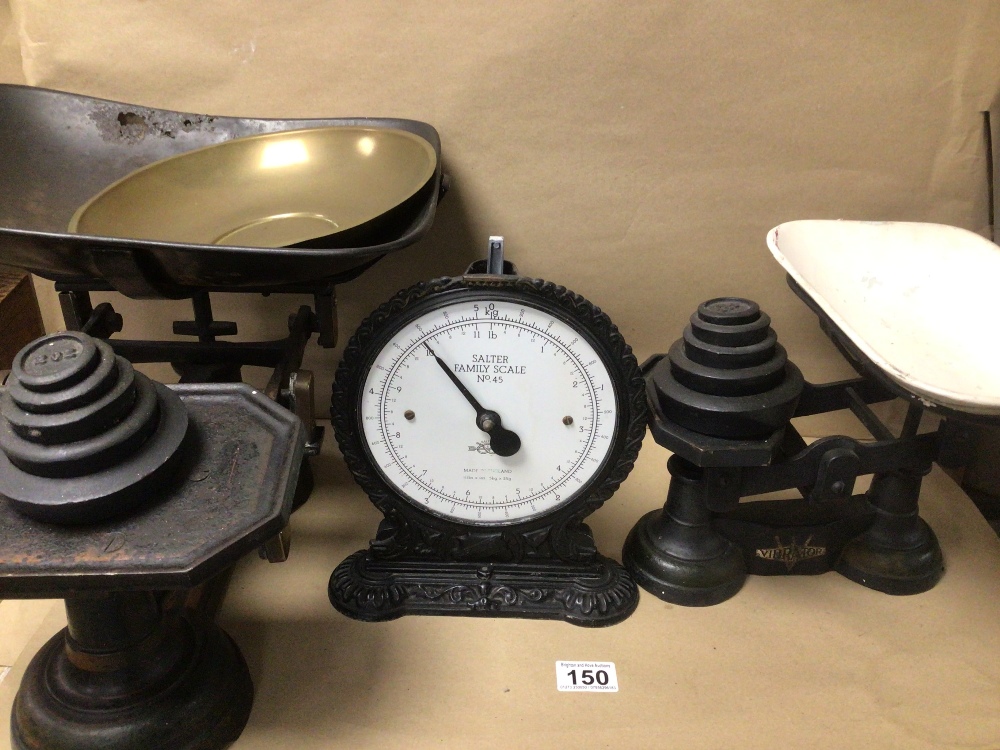 THREE SEPARATE SETS OF VINTAGE CAST IRON KITCHEN SCALES, TWO WITH WEIGHTS AND ONE A/F, ‘C.W.S LTD - Image 4 of 6