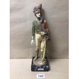 ITALIAN RESIN SOLDIER FIGURE ON CARRARA MARBLE BASE, BEING 34CM IN HEIGHT